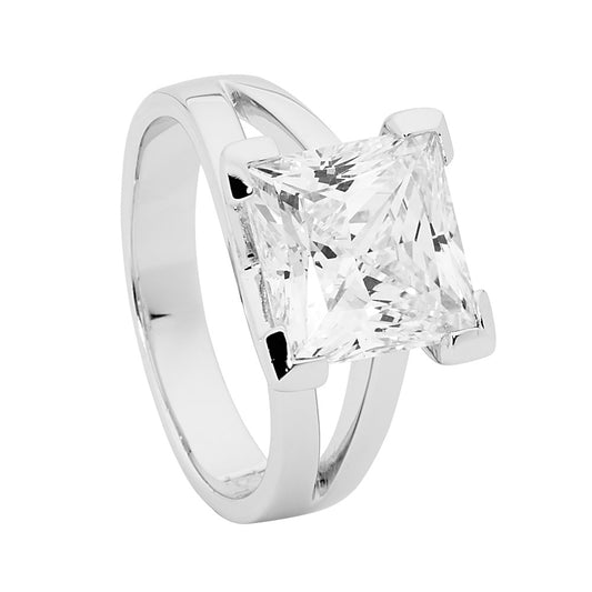 ELLANI STERLING SILVER RHODIUM PLATED CLAW SET 10MM PRINCES CUT RING. R352