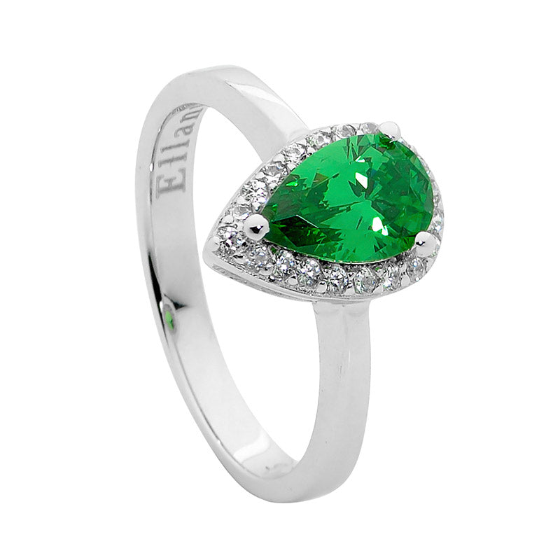 ELLANI STERLING SILVER GREEN PEAR CUBIC ZIRCONIA WITH CLEAR HALO RING. R402G