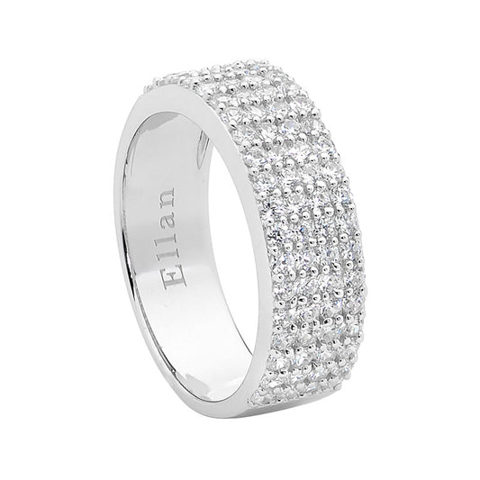 ELLANI STERLING SILVER RHODIUM PLATED FOUR ROW PAVE RING. R418