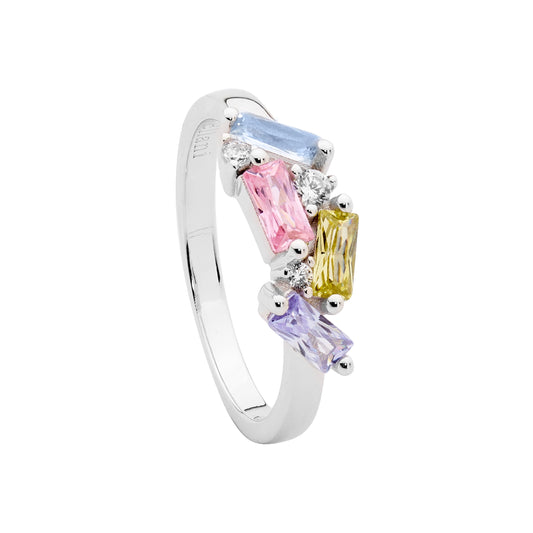 ELLANI STERLING SILVER ROUND AND BAGUETTE CUBIC ZIRCONIA RING. R516P