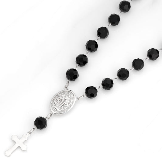 STERLING SILVER 8MM ROUND BLACK CRYSTAL ROSARY BRACELET.