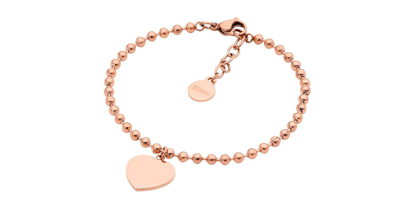 ELLANI STAINLESS STEEL ROSE GOLD PLATED 18CM 3MM BALL BRACELET WITH FLAT HEART CHARM. SB195R