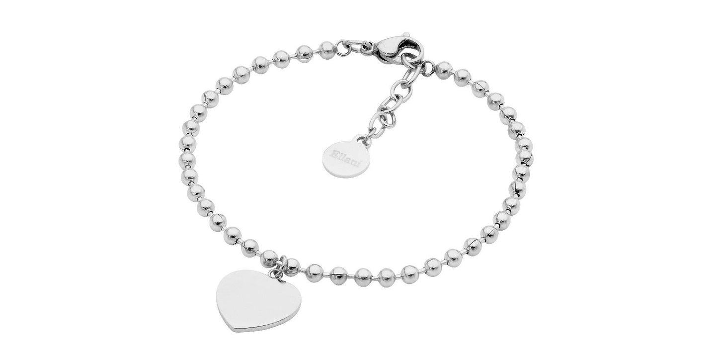 ELLANI STAINLESS STEEL 18CM 3MM BALL BRACELET WITH FLAT HEART CHARM. SB195S