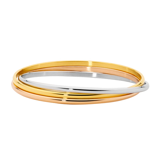 ELLANI STAINLESS STEEL 3MM X 65MM THREE TONE GOLD PLATED RUSSIAN BANGLE. SB203T