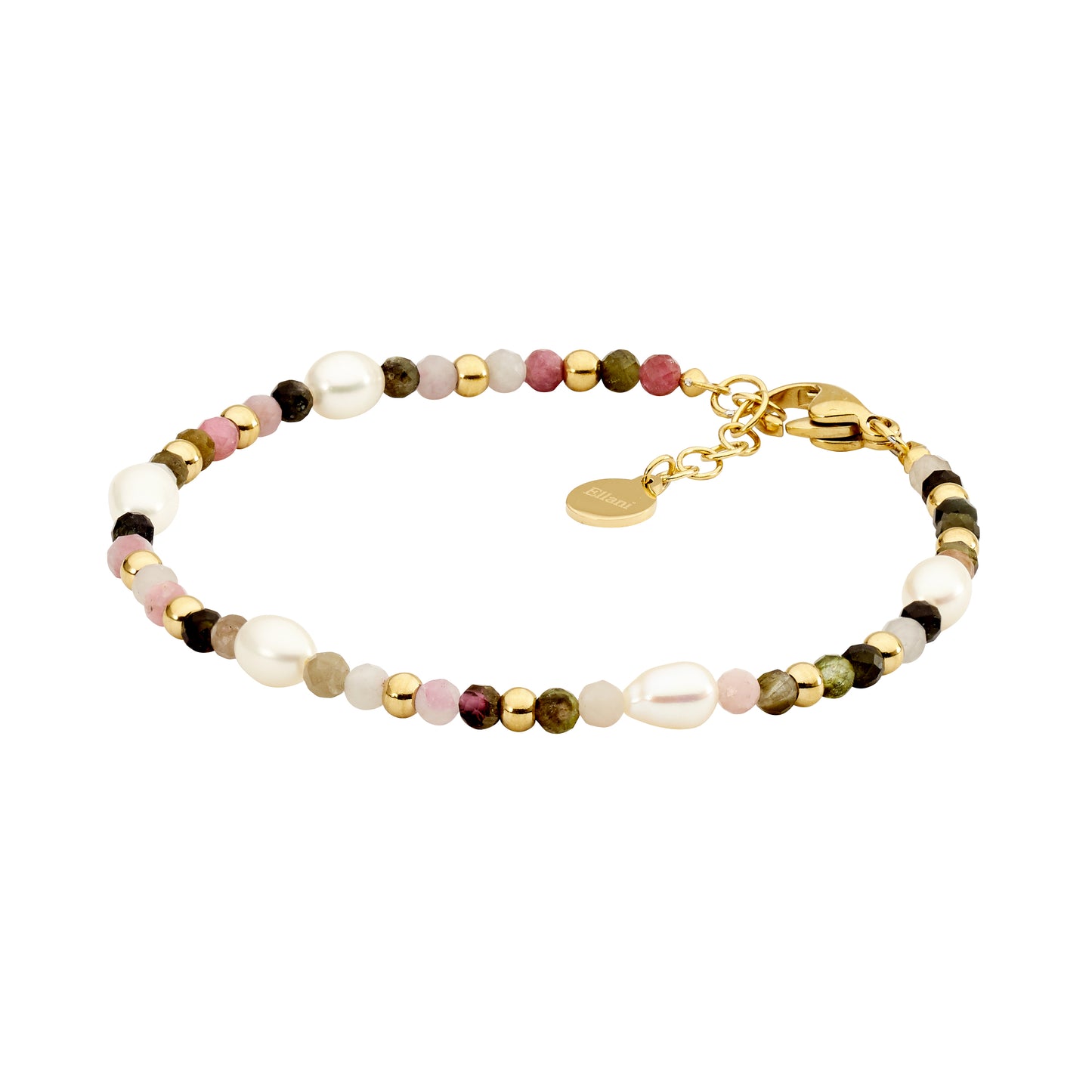 ELLANI STAINLESS STEEL GOLD PLATED TOURMALINE AND FRESHWATER PEARL 18CM BRACELET. SB208