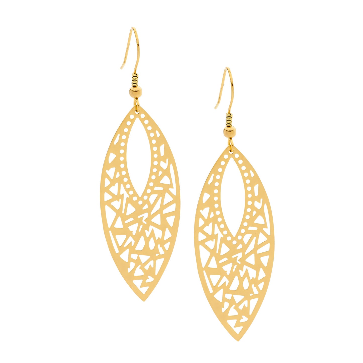 ELLANI STAINLESS STEEL GOLD PLATED FILIGREE LEAF DROP EARRINGS. SE171G