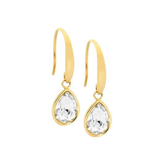 ELLANI STAINLESS STEEL GLASS TEAR DROP EARRINGS WITH GOLD PLATING. SE180W-G