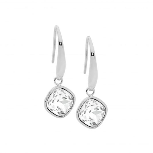 ELLANI STAINLESS STEEL CLEAR GLASS SQUARE DROP EARRINGS. SE200W-S