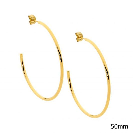 ELLANI STAINLESS GOLD PLATED 50MM HOOP STUD EARRINGS. SE211G-5