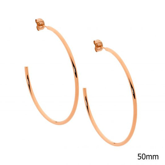 ELLANI STAINLESS STEEL ROSE GOLD PLATED 50MM HOOP STUD EARRINGS. SE211R-5