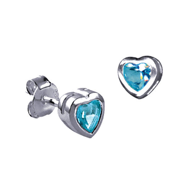 STERLING SILVER BLUE CUBIC ZIRCONIA HEART BEZEL SET STUD EARRINGS