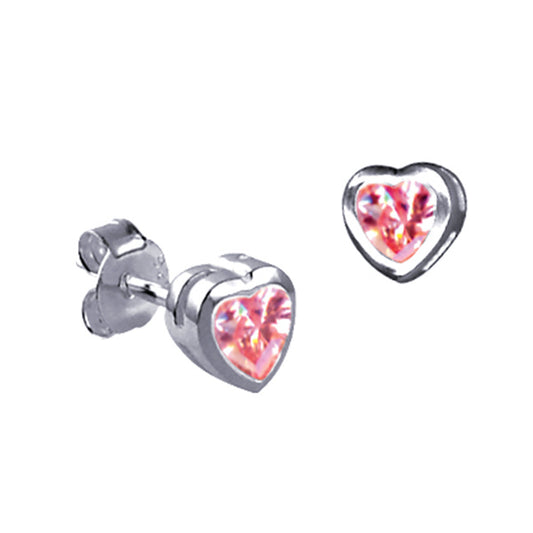 STERLING SILVER BEZEL SET PINK CUBIC ZIRCONIA HEART STUDS