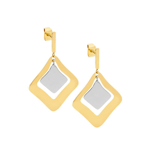 ELLANI STAINLESS STEEL GOLD PLATED ABSTRACT DOUBLE DROP EARRINGS. SE231G