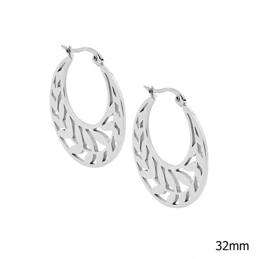 ELLANI STAINLESS STEEL 32MM LEAF FEATURE HOOP EARRINGS SE240S