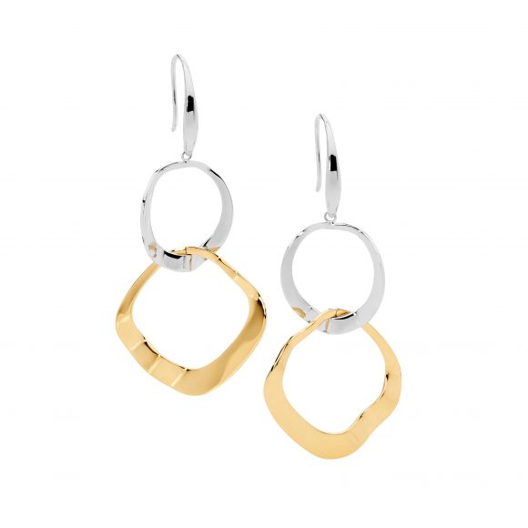 ELLANI STAINLESS STEEL GOLD PLATED TWO TONE DOUBLE WAVE OPEN CIRCLE DROP EARRINGS. SE252S-G