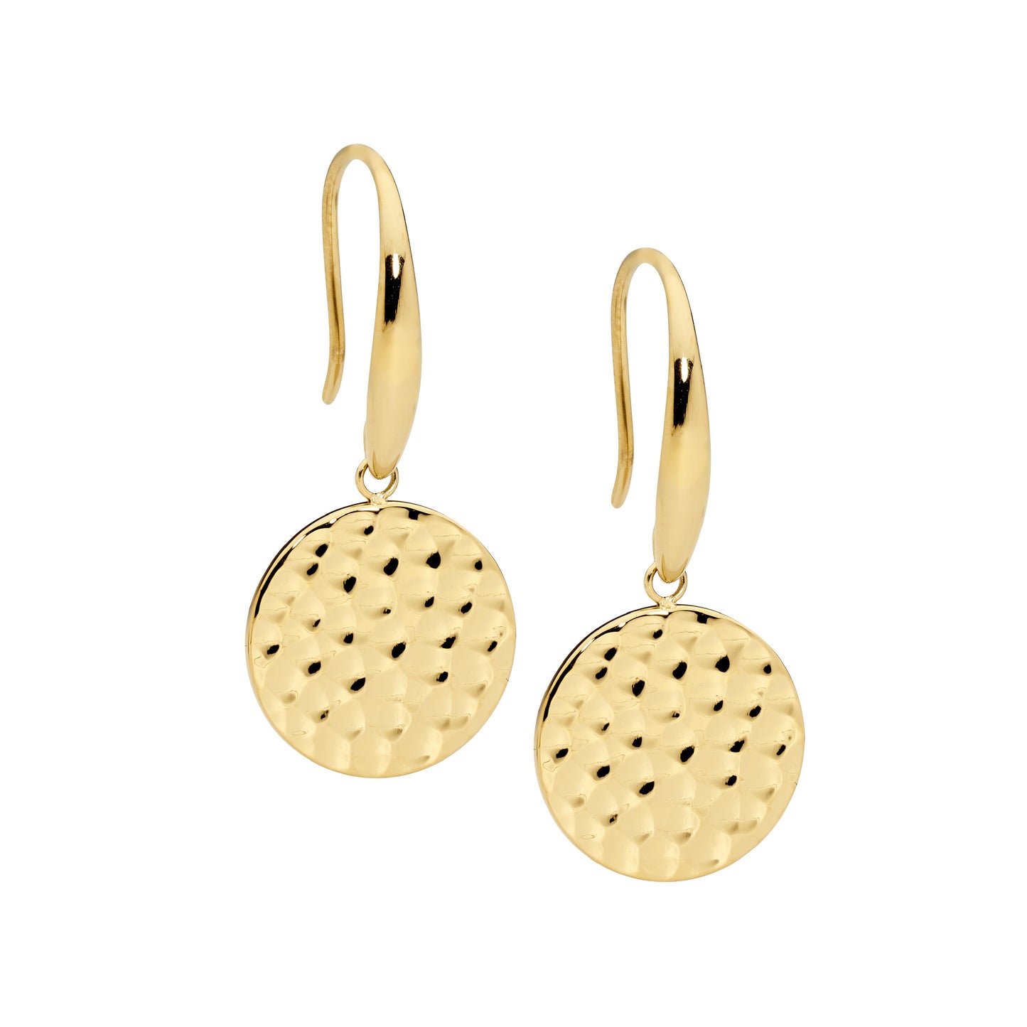 ELLANI STAINLESS STEEL GOLD PLATED 15MM HAMMERED DISC EARRINGS. SE255G