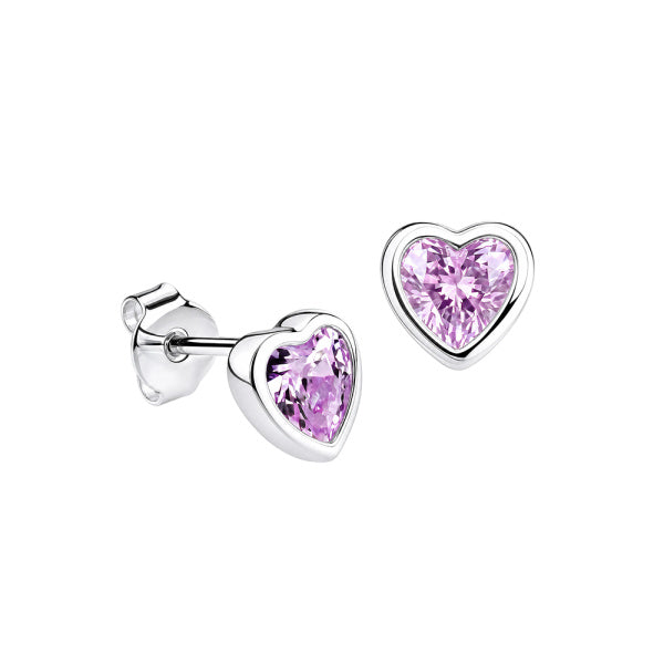 STERLING SILVER LAVENDER CUBIC ZIRCONIA BEZEL SET 7MM HEART STUDS.
