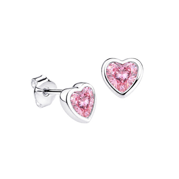 STERLING SILVER PINK CUBIC ZIRCONIA BEZEL SET 7MM HEART STUD EARRINGS
