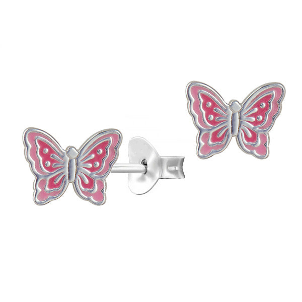 STERLING SILVER 6 X 8MM PINK ENAMEL BUTTERFLY STUD EARRINGS