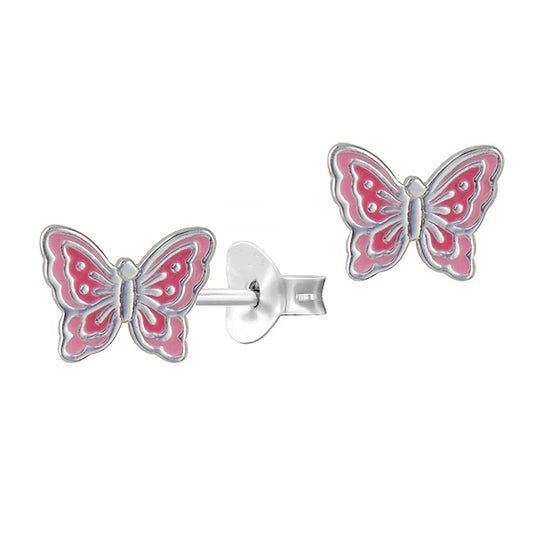 STERLING SILVER 6 X 8MM PINK ENAMEL BUTTERFLY STUD EARRINGS