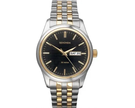 SEKONDA WATCH TWO-TONE BLACK DIAL GOLD MARKERS WITH DAY/DATE AND STAINLESS STEEL BAND. SK1002