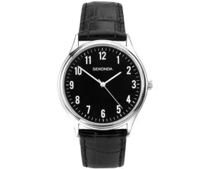 SEKONDA WATCH BLACK DIAL WITH BLACK LEATHER BAND. SK1777