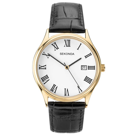 SEKONDA MENS WATCH GOLD PLATED CASE ROMAN DIAL BLACK LEATHER BAND. SK1778