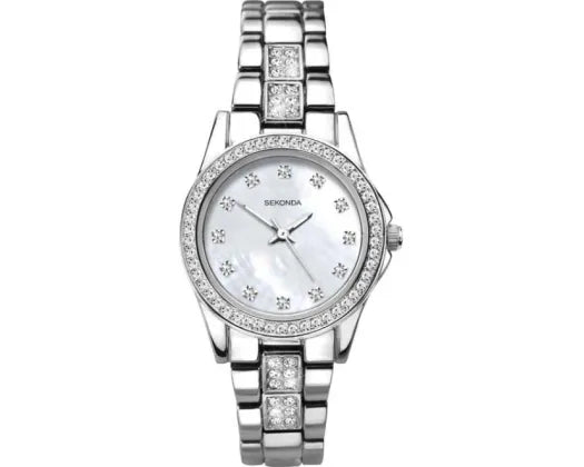 SECONDA WATCH STAINLESS STEEL MOTHER OF PEARL FACE STONE SET. SK2841