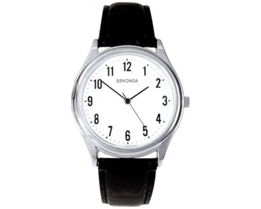 SEKONDA WATCH STEEL COLOUR WHITE DIAL BLACK LEATHER BAND SK3621