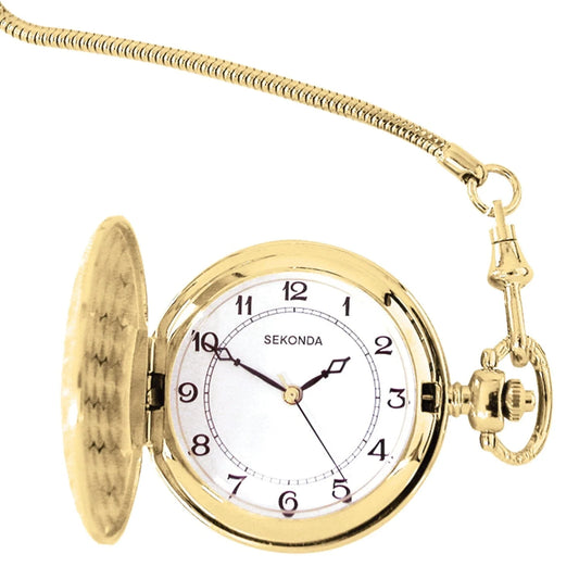 SEKONDA GOLD PLATED WIND UP POCKETWATCH WITH CHAIN