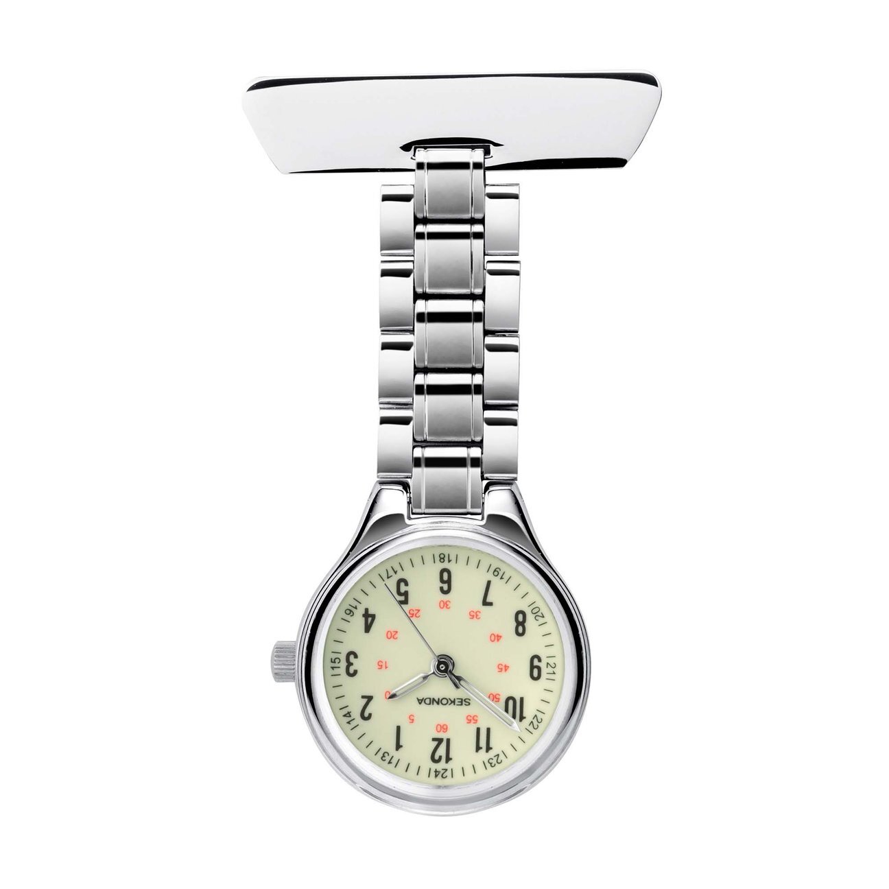 SEKONDA SILVER COLOUR NURSES LAPEL WATCH WITH LUMINOUS DIAL. SK4015