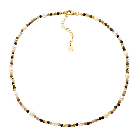 ELLANI STAINLESS STEEL GOLD PLATED TOURMALINE AND FRESHWATER PEARL 40-45CM NECKLACE. SP134