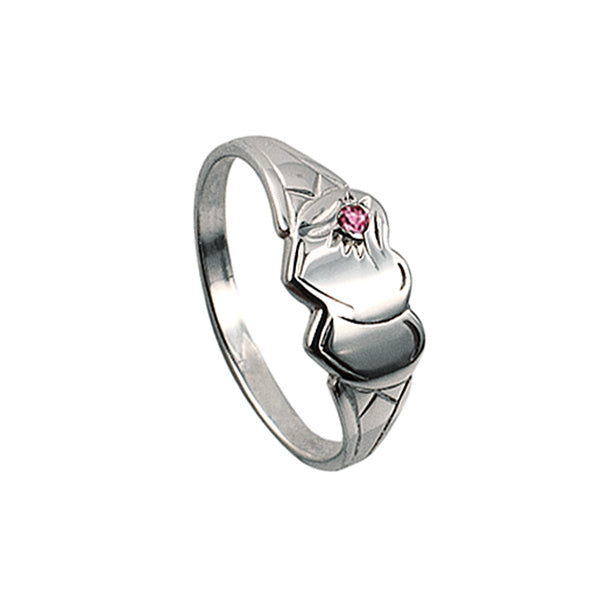 STERLING SILVER DOUBLE HEART PINK CUBIC ZIRCONIA SIGNET RING