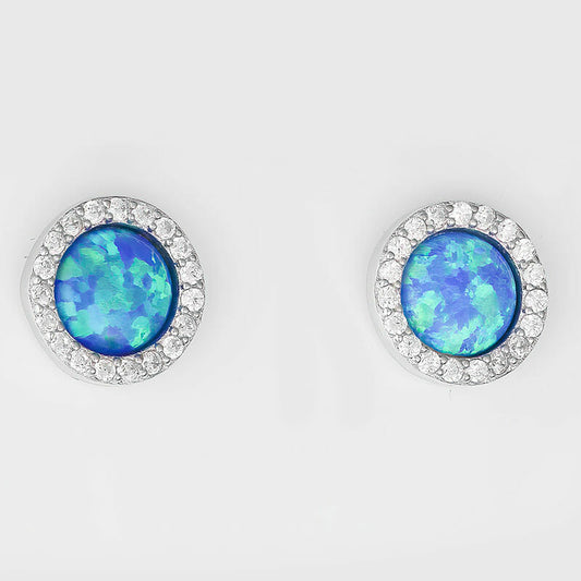 STERLING SILVER BLUE CREATED OPAL AND CUBIC ZIRCONIA STUD EARRINGS