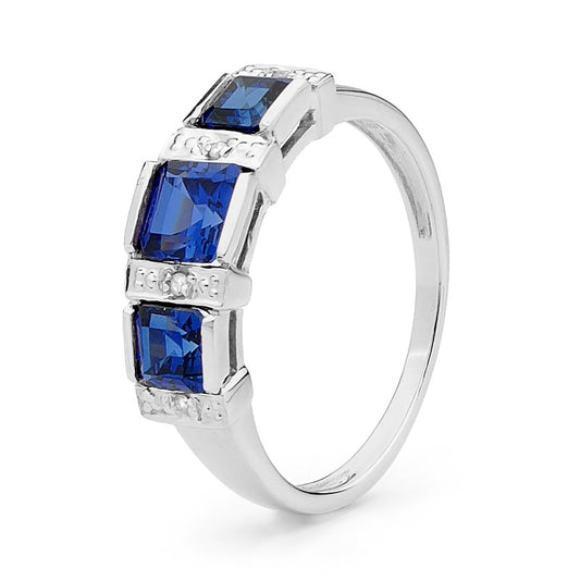 9CT WHITE GOLD CREATED SAPPHIRE AND DIAMOND RING