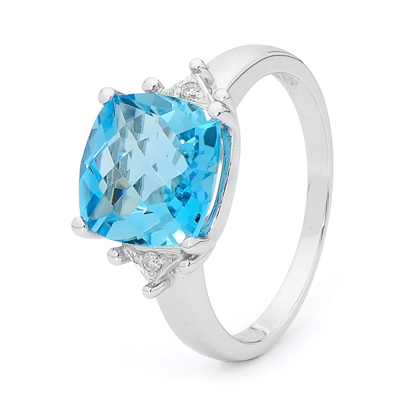 9CT WHITE GOLD CUSHION CUT BLUE TOPAZ AND DIAMOND RING