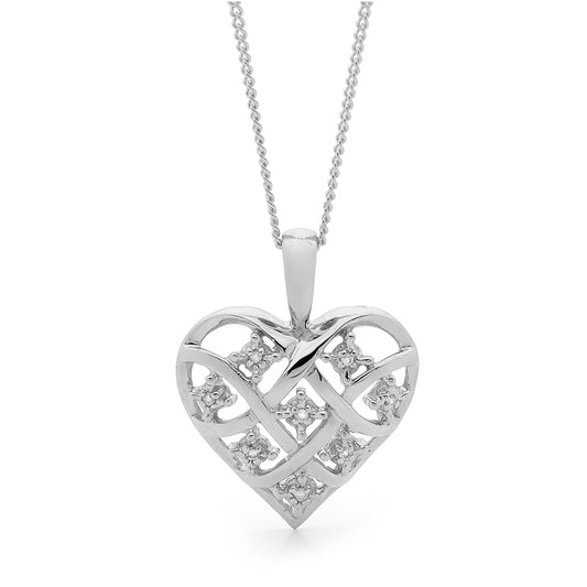 9CT WHITE GOLD CLAW SET DIAMOND HEART PENDANT