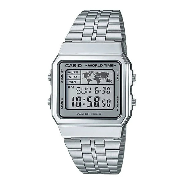 CASIO DIGITAL SQUARE LED FACE STAINLESS STEEL BAND. A500WA-7DF