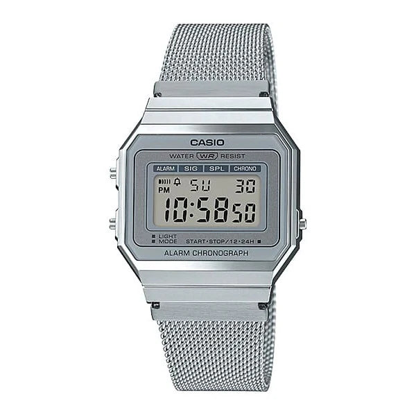 CASIO DIGITAL VINTAGE STOPWATCH, ALARM STAINLESS STEEL CASE AND MESH BAND. A700WM-7A