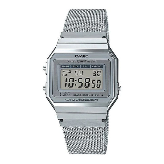CASIO DIGITAL VINTAGE STOPWATCH, ALARM STAINLESS STEEL CASE AND MESH BAND. A700WM-7A