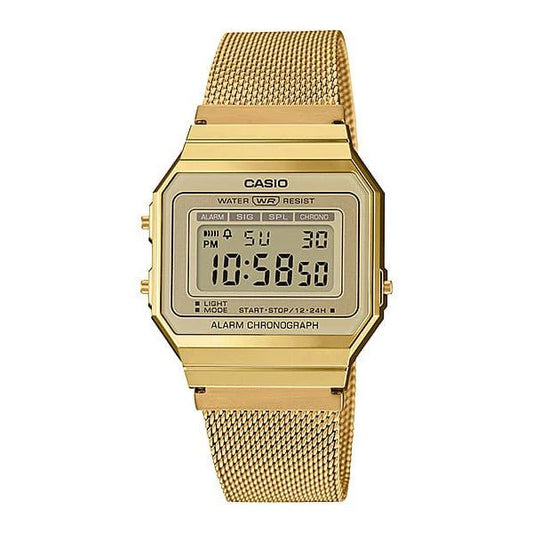 CASIO DIDITAL VINTAGE WATCH WITH STOPWATCH, ALARM AND GOLD PLATED MESH BAND. A700WMG-9A