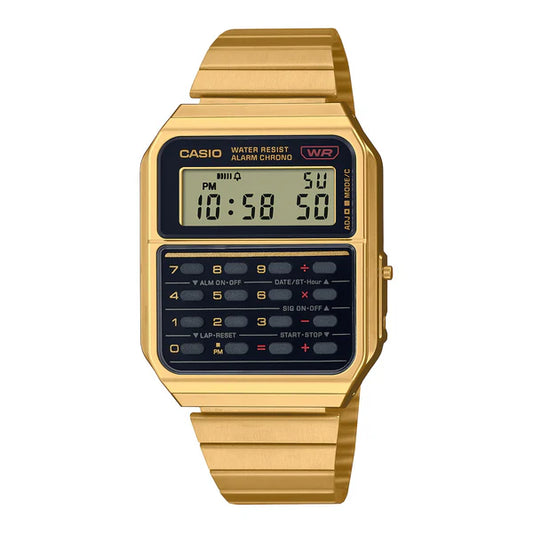 CASIO DIGITAL CALCULATOR WATCH GOLD PLATED BLACK FACE. CA500WEG-1A