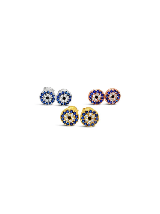 SUE SENSI STERLING SILVER CUBIC ZIRCONIA DAZZLING PROTECTION EVIL EYE STUD EARRINGS.