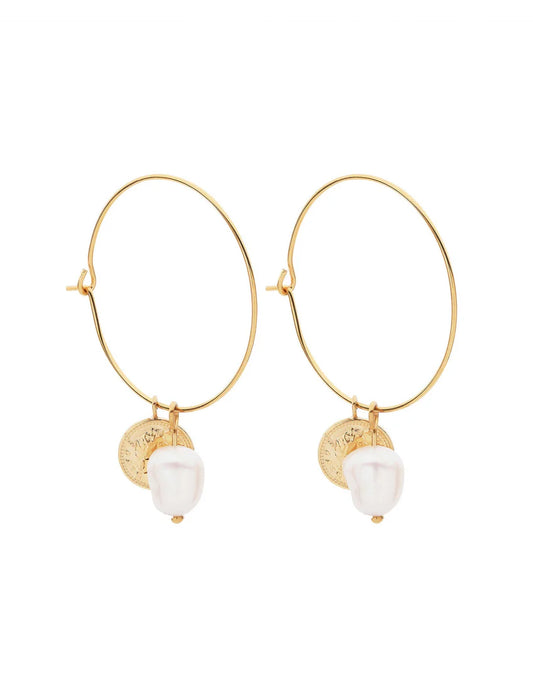 PASTICHE STAINLESS STEEL GOLD PLATED SIREN EARRINGS WITH FRESHWATER PEARL AND COIN HOOP EARRINGS.