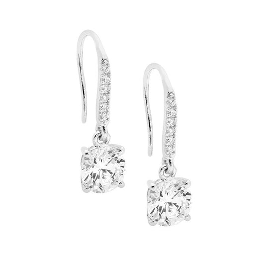 ELLANI STERLING SILVER RHODIUM PLATED 7MM ROUND CUBIC ZIRCONIA SHEPHERD HOOK EARRINGS. E439S