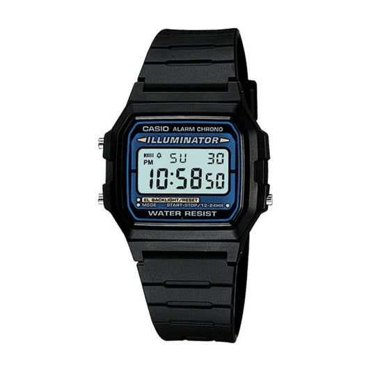CASIO WATCH ILLUMINATOR ALARM, STOPWATCH BLACK RESIN BAND F105W-1AUZ