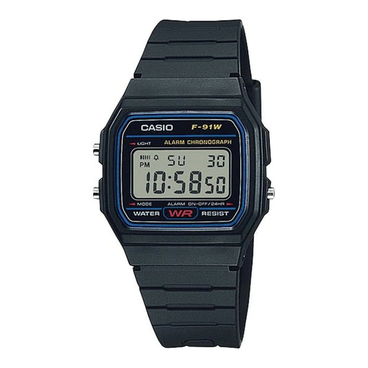 CASIO WATCH STOPWATCH, MULTI ALARM, BLACK RESIN BAND F91W-1
