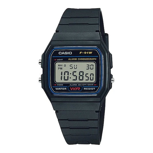 CASIO WATCH STOPWATCH, MULTI ALARM, BLACK RESIN BAND F91W-1.