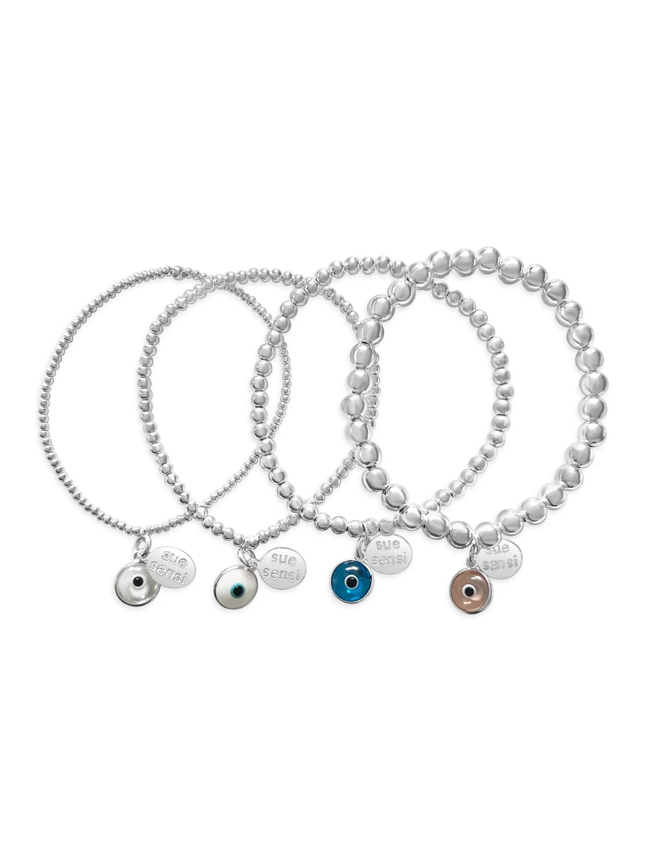 SUE SENSI STERLING SILVER FEEL SAFE 3MM BALL BRACELET AND BLUE EYE