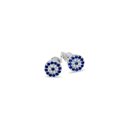 STERLING SILVER 6MM CLEAR AND BLUE CUBIC ZIRCONIA EVIL EYE STUD EARRINGS.